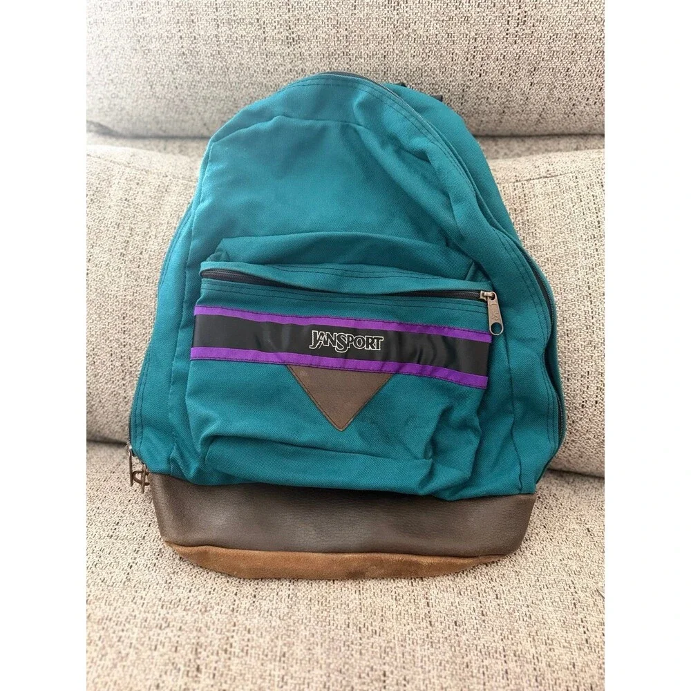 Vintage 90s JanSport Backpack Teal Purple Stripe Suede Bottom